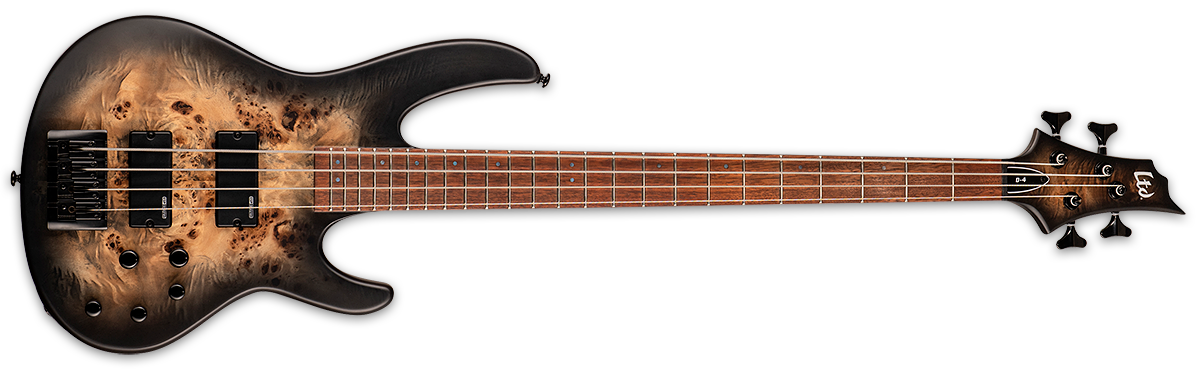 ESP LTD D-4 4 String Bass Guitar, Burled Poplar - Black Natural Burst Satin