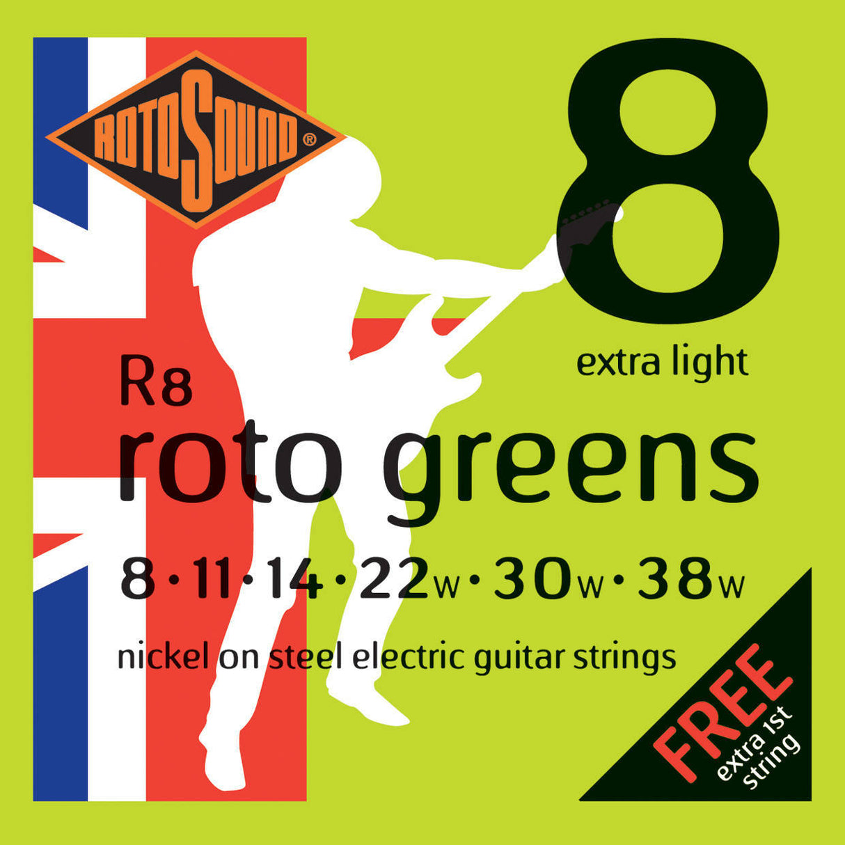 Rotosound R8 Roto Greens Nickel on Steel Electric Guitar Strings - .008-.038 Extra Light