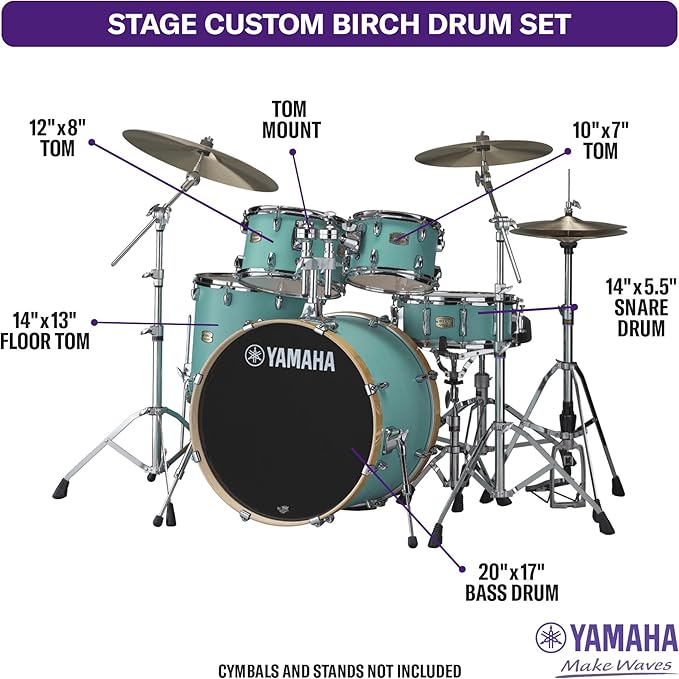 Yamaha Stage Custom Birch 5-Piece Shell Pack w/ 22" Bass Drum Matte Surf Green