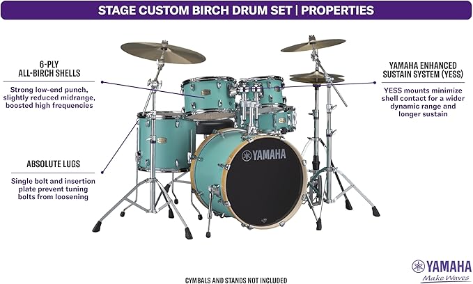 Yamaha Stage Custom Birch 5-Piece Shell Pack w/ 22" Bass Drum Matte Surf Green