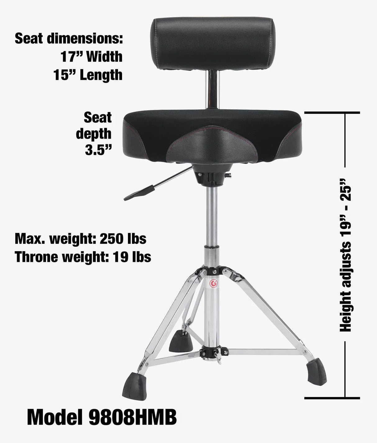 Gibraltar 9808HMB 9000 Series 16“ Hydraulic Cordura Saddle Drum Throne with Backrest