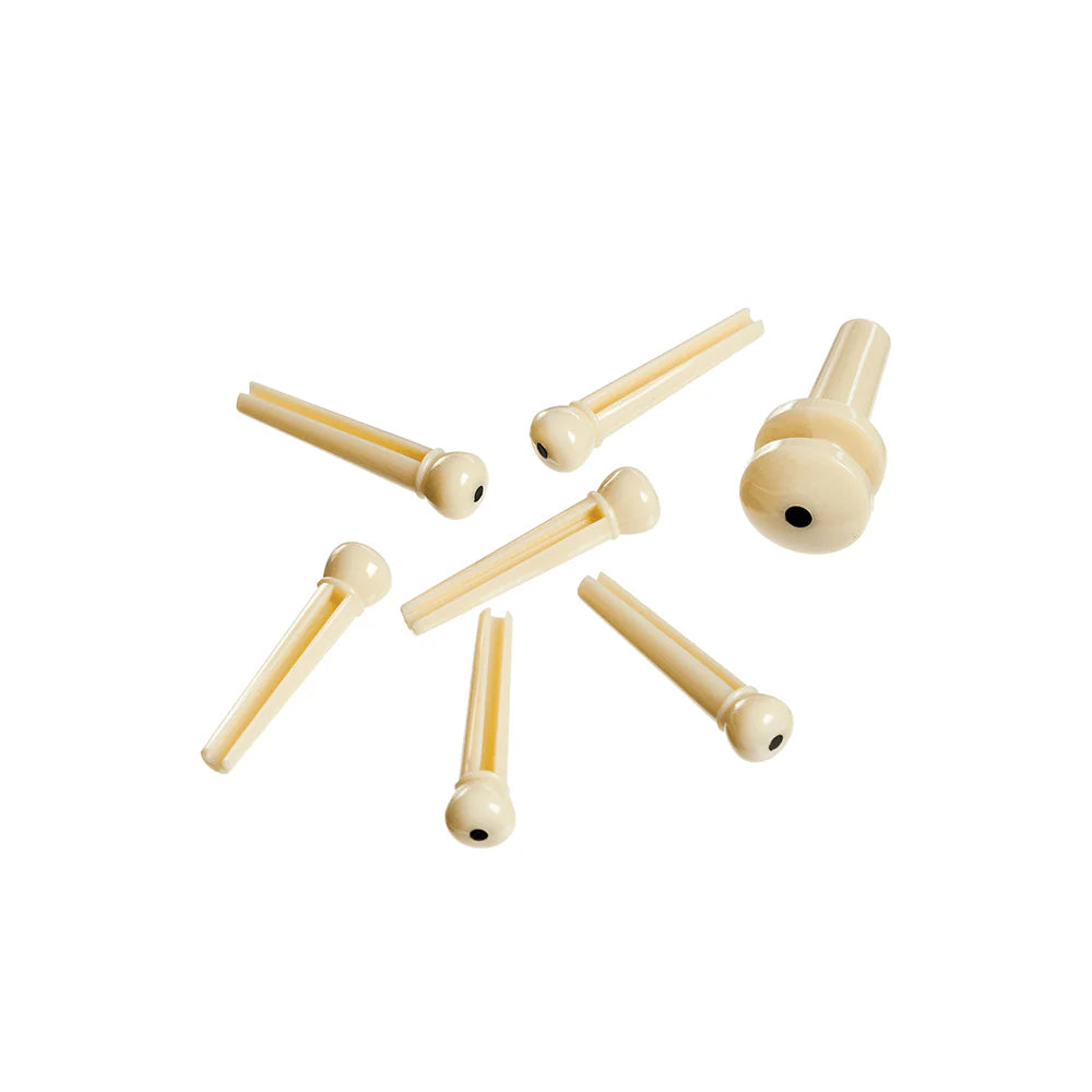 D'Addario PWPS12 Injected Molded Bridge Pins with End Pin, Set of 7, Ivory with Ebony Dot