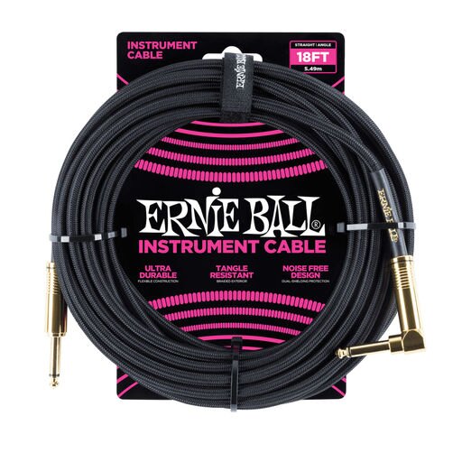 Ernie Ball 18' Braided Straight / Angle Instrument Cable - Black w/Gold Connectors