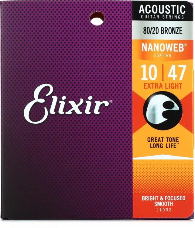 Elixir Strings 11002 Nanoweb 80/20 Acoustic Guitar Strings - .010-.047 Extra Light