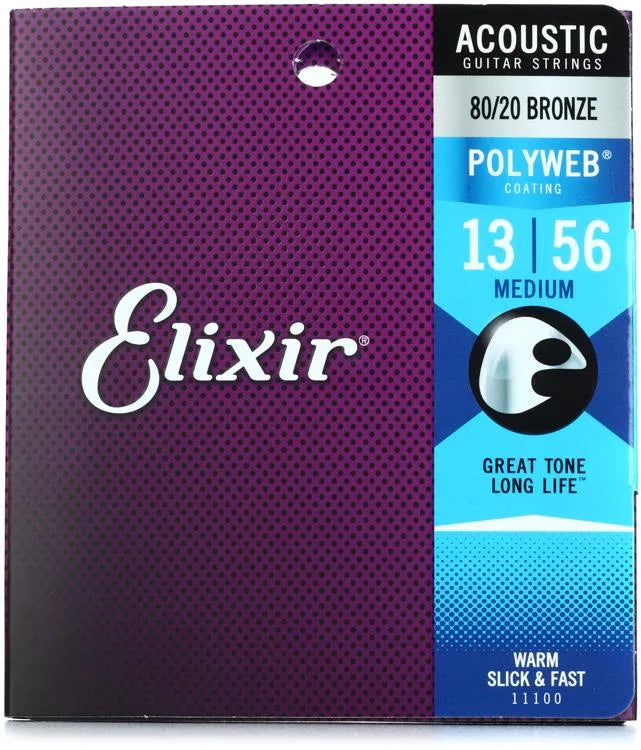 Elixir Strings 11100 Polyweb 80/20 Bronze Acoustic Guitar Strings - .013-.056 Medium