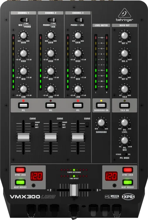 Behringer Pro Mixer VMX300USB 3-channel DJ Mixer – Skip's Music Behringer Pro Mixer VMX300USB 3-channel DJ Mixer – Skip's Music