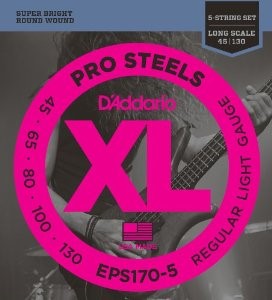 D'Addario EPS170-5 45-130 Regular Light 5-String, Long Scale, XL ProSteels Bass Strings