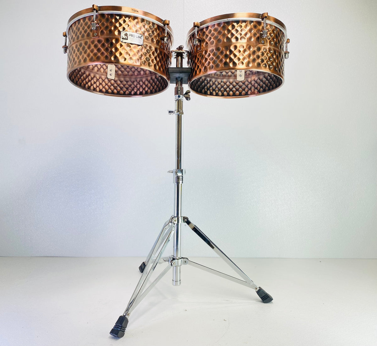 Used Toca Pro Line Hand Hammered Timbales W/Stand & Bag