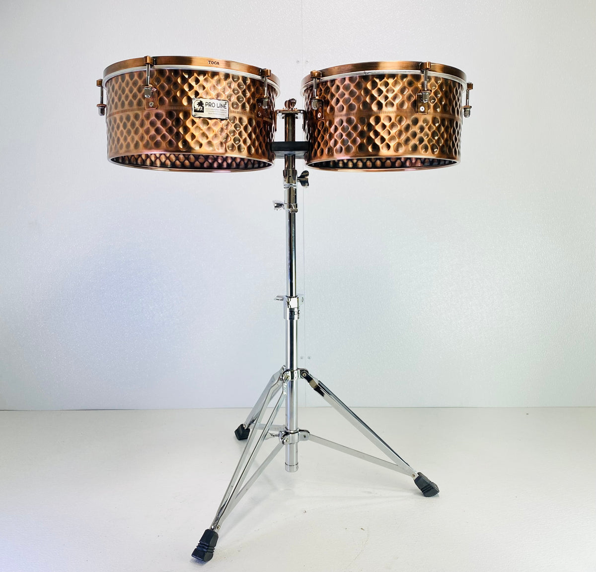 Used Toca Pro Line Hand Hammered Timbales W/Stand & Bag