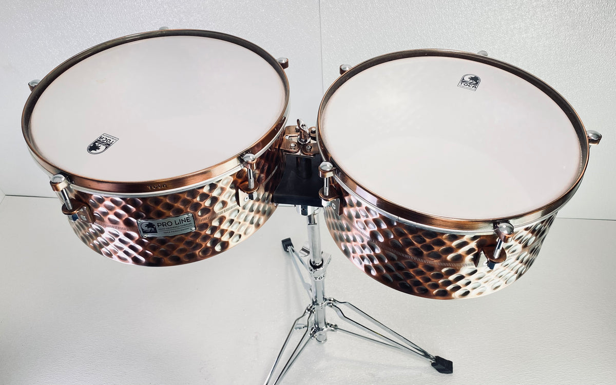 Used Toca Pro Line Hand Hammered Timbales W/Stand & Bag