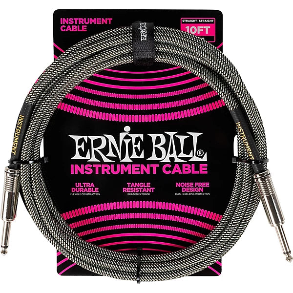 Ernie Ball Braided Instrument Cable Straight/Straight 10ft - Silver Fox