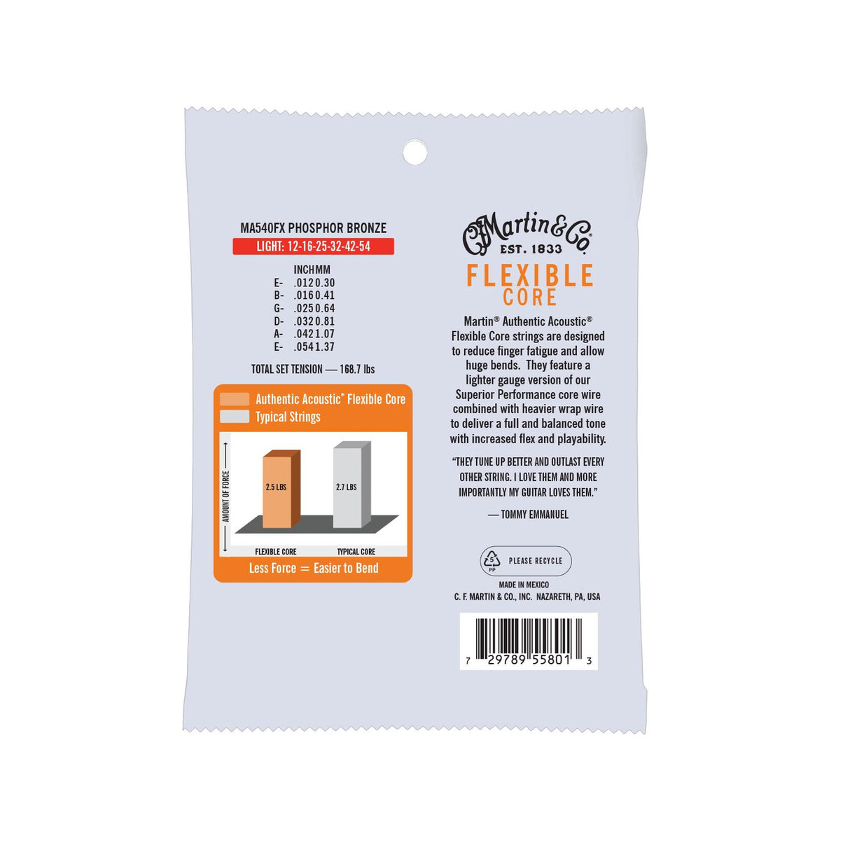 Martin Authentic Acoustic Flexible Core Guitar Strings Phosphor Bronze .012 - .054 Light Tommy's Choice