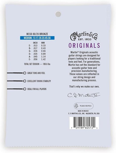 Martin M150 Original Acoustic 80/20 Bronze Guitar Strings - .013-.056 Medium