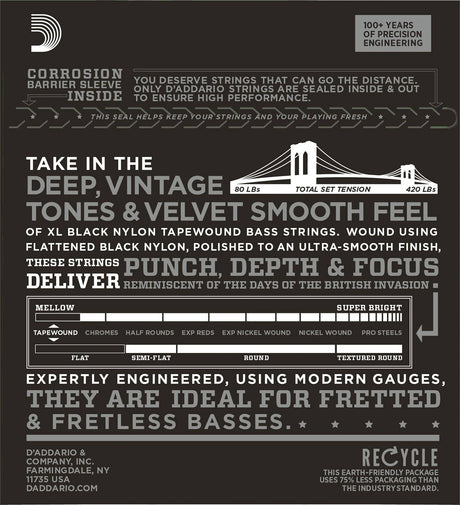 D'addario XL Nylon Tapewound Medium 50-105, Long Scale Bass Strings
