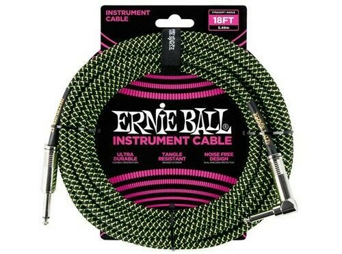 Ernie Ball 18' Braided Straight / Angle Instrument Cable - Black / Green