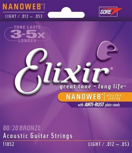 Elixir 11052 80/20 Light NanoWeb Acoustic Guitar Strings .012-.053