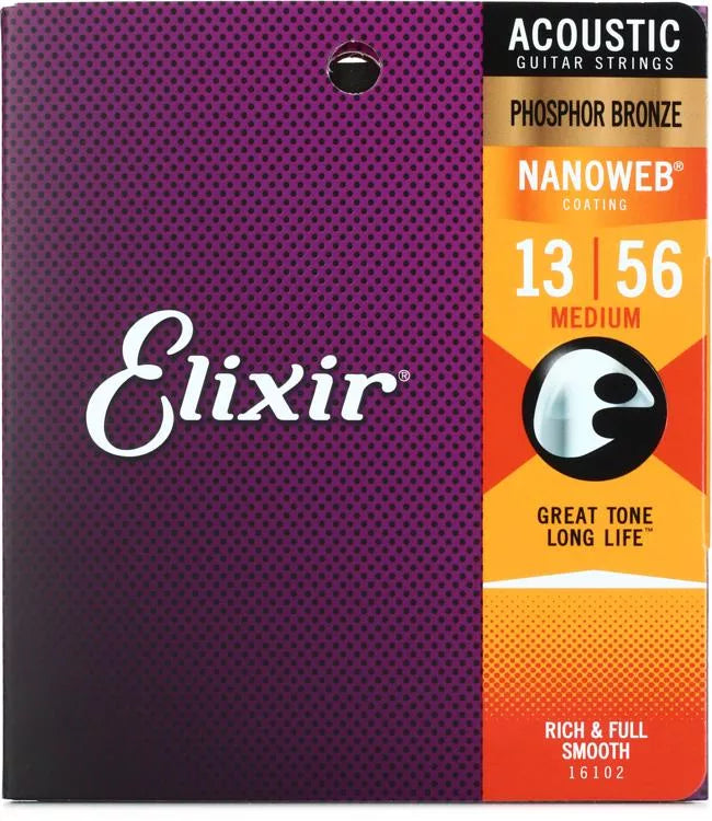 Elixir Strings 16102 Nanoweb Phosphor Bronze Acoustic Guitar Strings - .013-.056 Medium