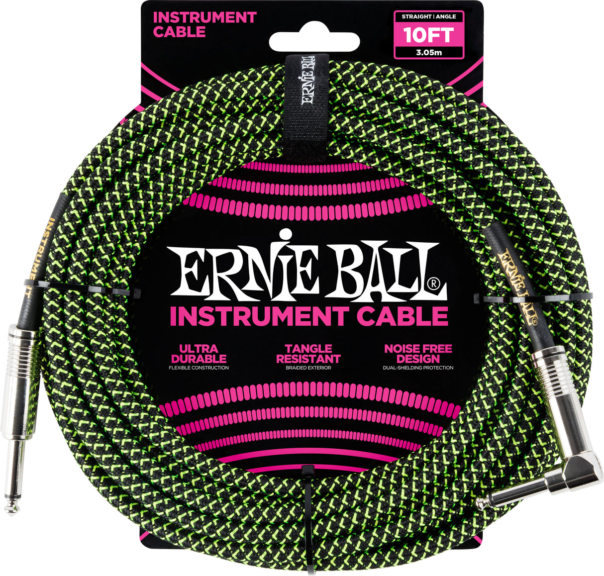 Ernie Ball 10' Right Angle Instrument Cable Black/Green